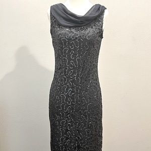 Onyx Pewter Gray Lace Silver Sequined Cocktail Dress with Chiffon Drape Size 4